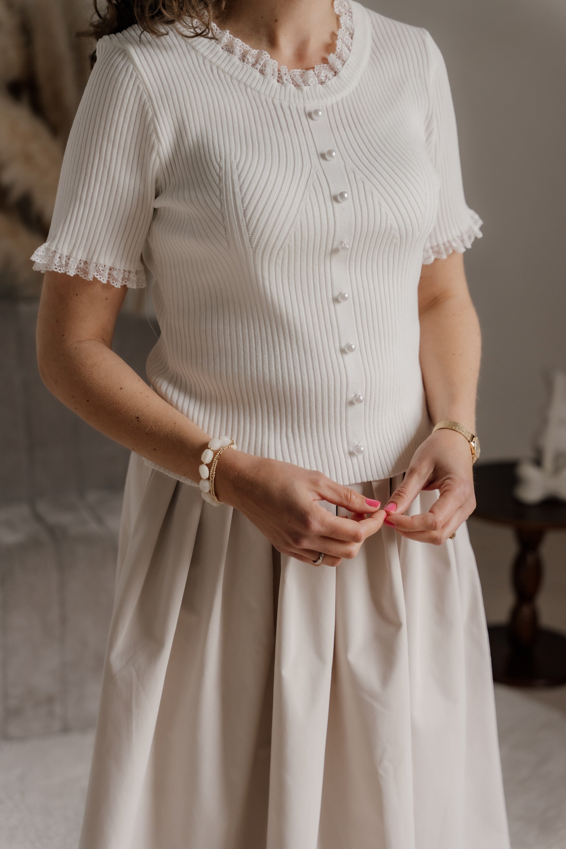 La Flor broderie top parelknoopjes off white