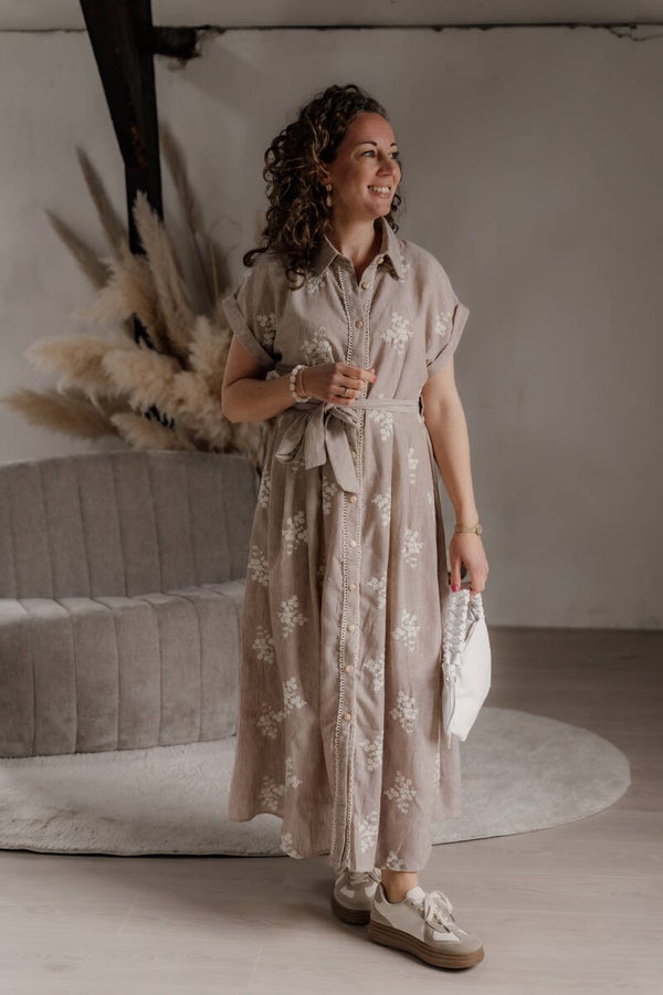 La Flor maxi jurk broderie - beige