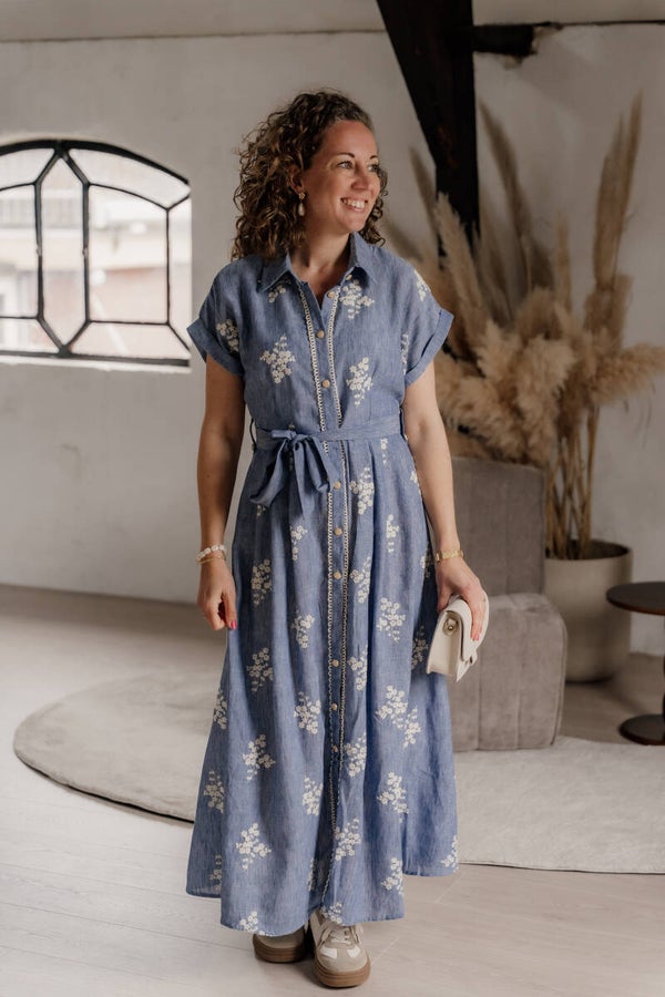 La Flor maxi jurk broderie - lichtblauw