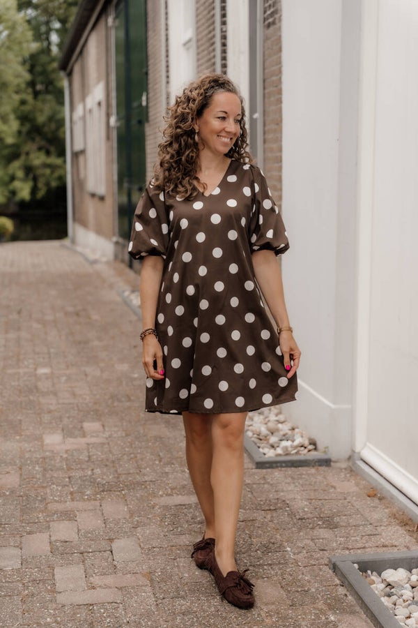Azzurro jurk pofmouw polkadot bruin