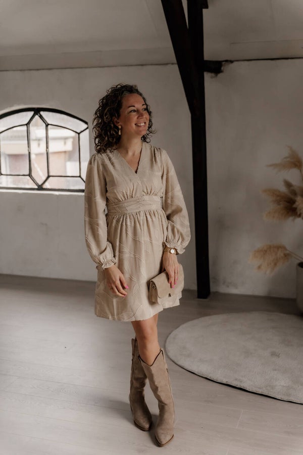 La Flor korte jurk bloemenprint beige