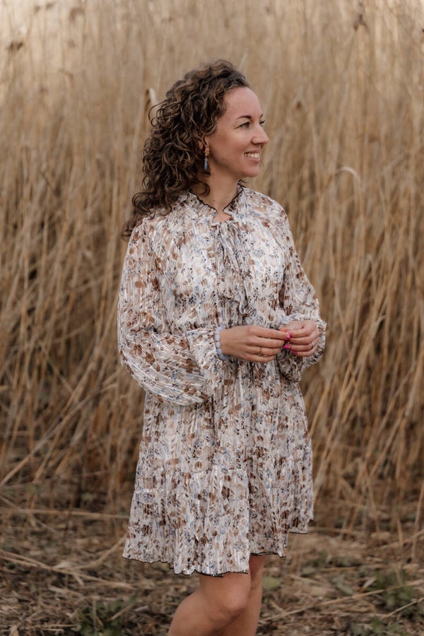 La Flor jurk print bruin-lichtblauw