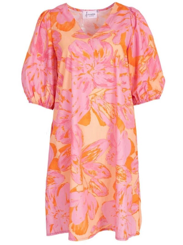 Azzurro jurk bloemenprint roze-oranje
