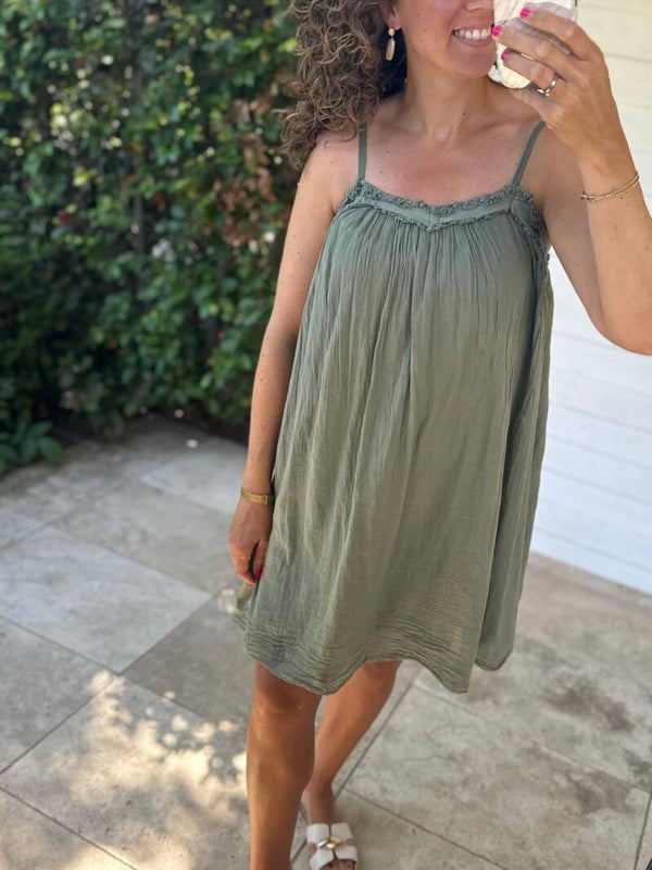 La Flor zomerjurkje spaghetti bandjes - khaki