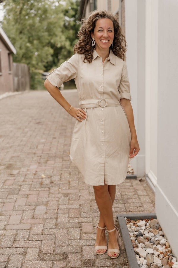 La Flor linnenlook jurk ceintuur - beige