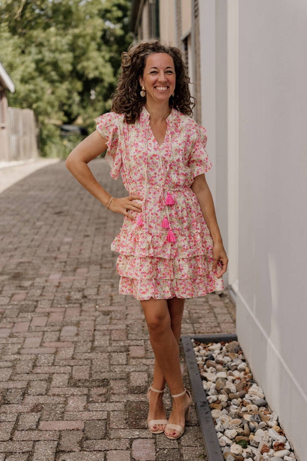 Azzurro korte jurk print bloemen - roze