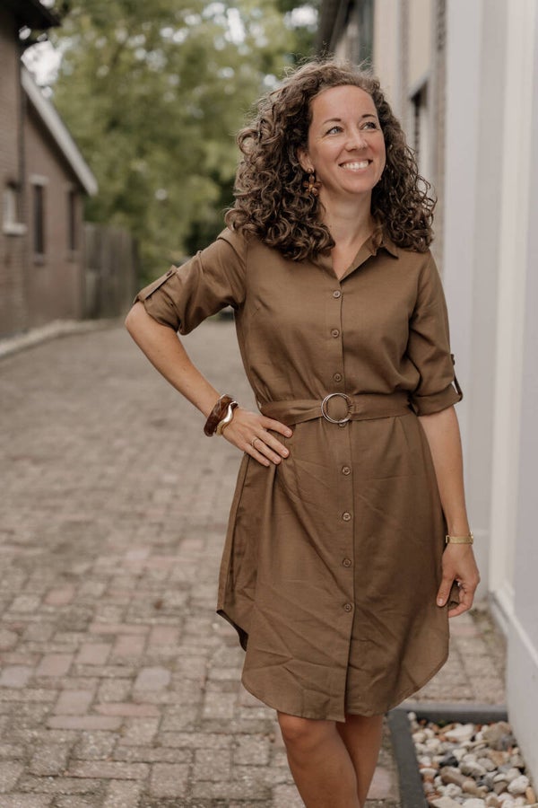 La Flor linnenlook jurk ceintuur - bruin