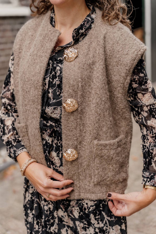La Flor gilet gouden knopen - taupe