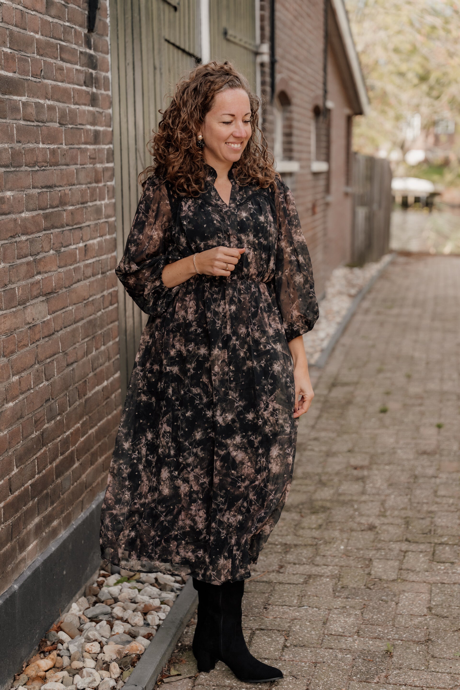 La Flor jurk print zwart-bruin lang