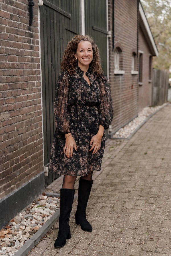 La Flor jurk print zwart-bruin