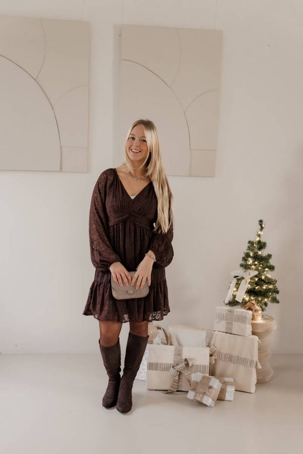 La Flor korte jurk kant - bruin