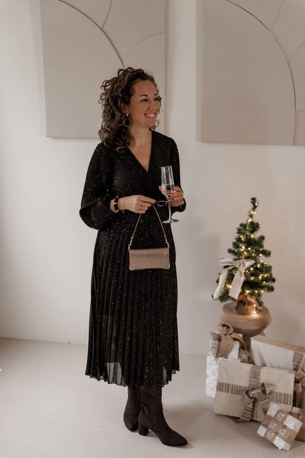La Flor maxi plissé jurk glitter bruin