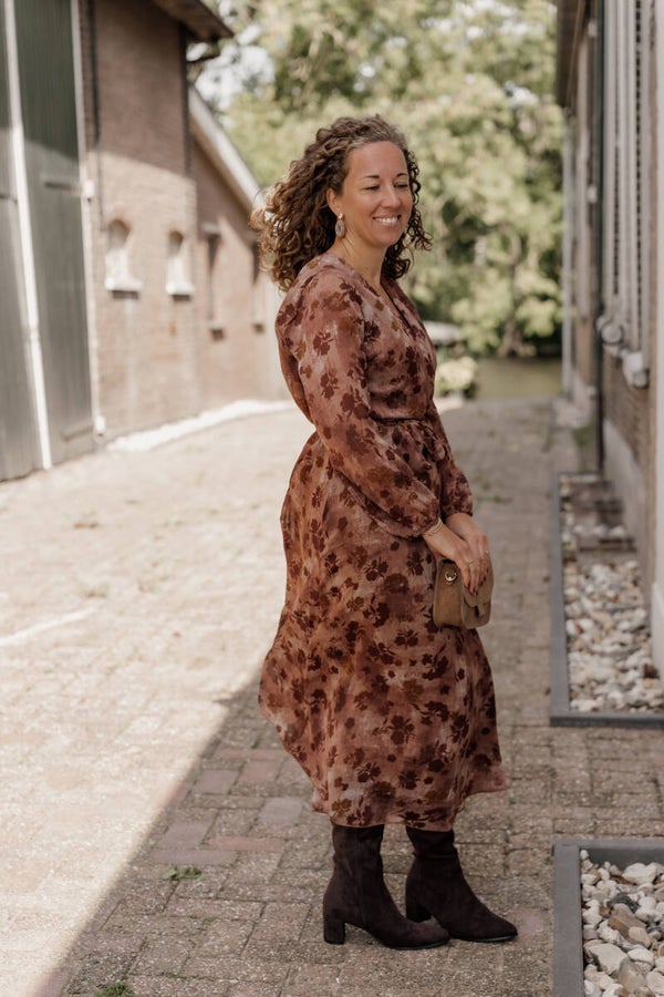 La Flor lange jurk bloemenprint - bruin