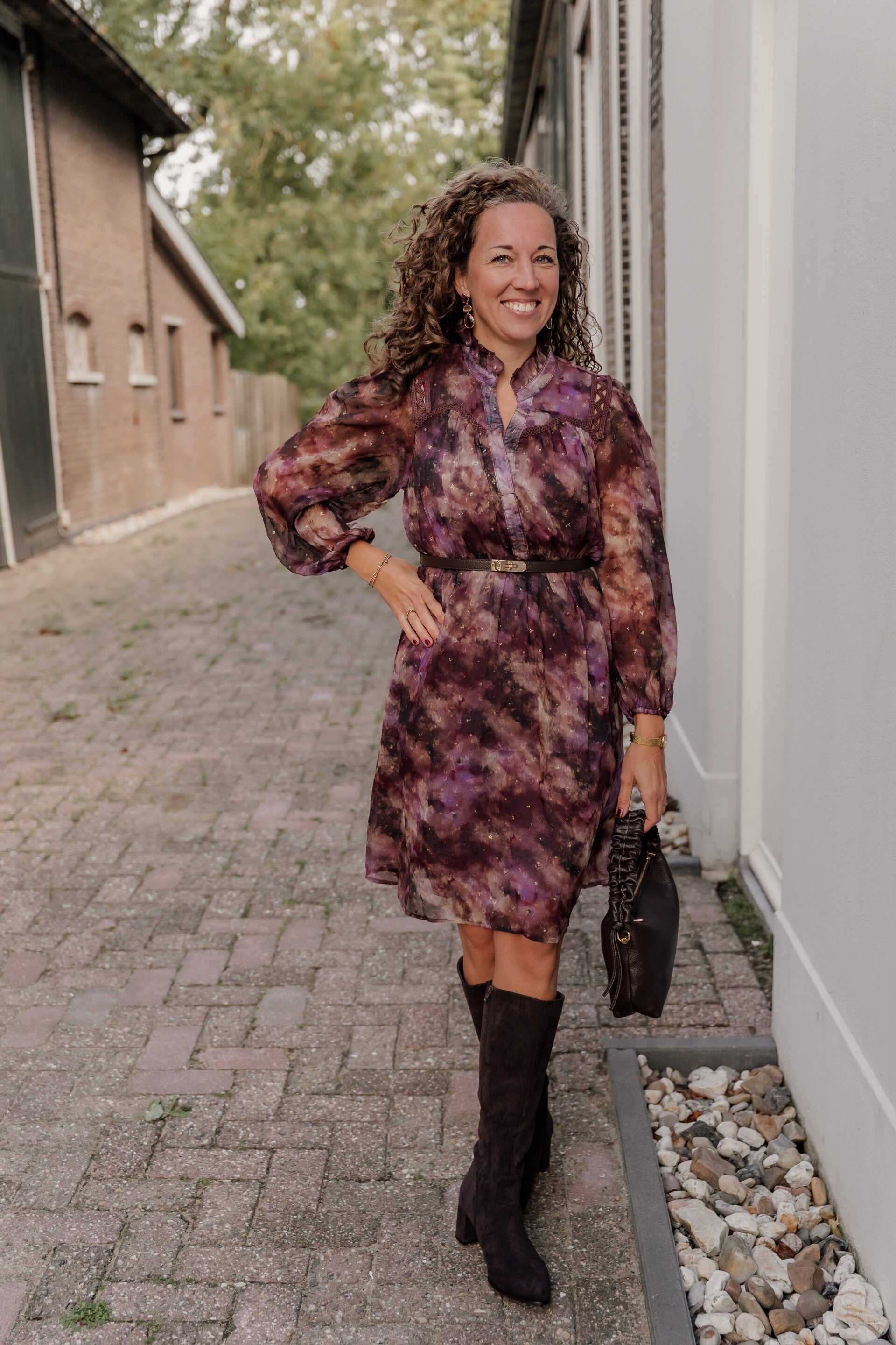 La Flor jurk print paars-bruin