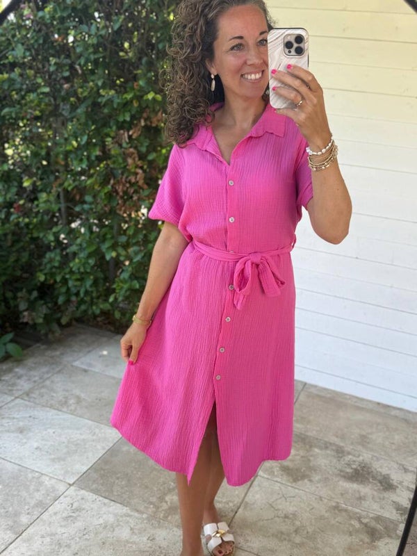 La Flor mousseline jurk ceintuur fuschsia