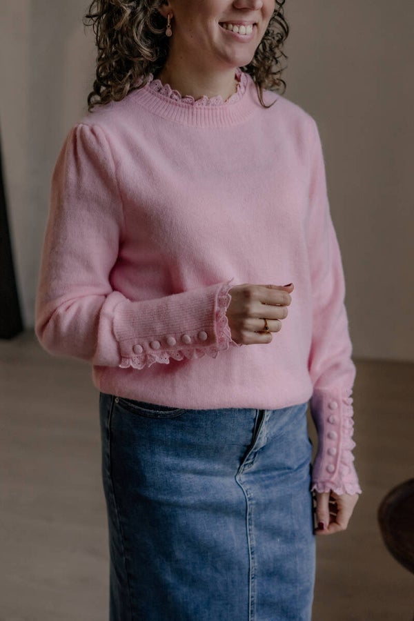 La Flor broderie trui - lichtroze