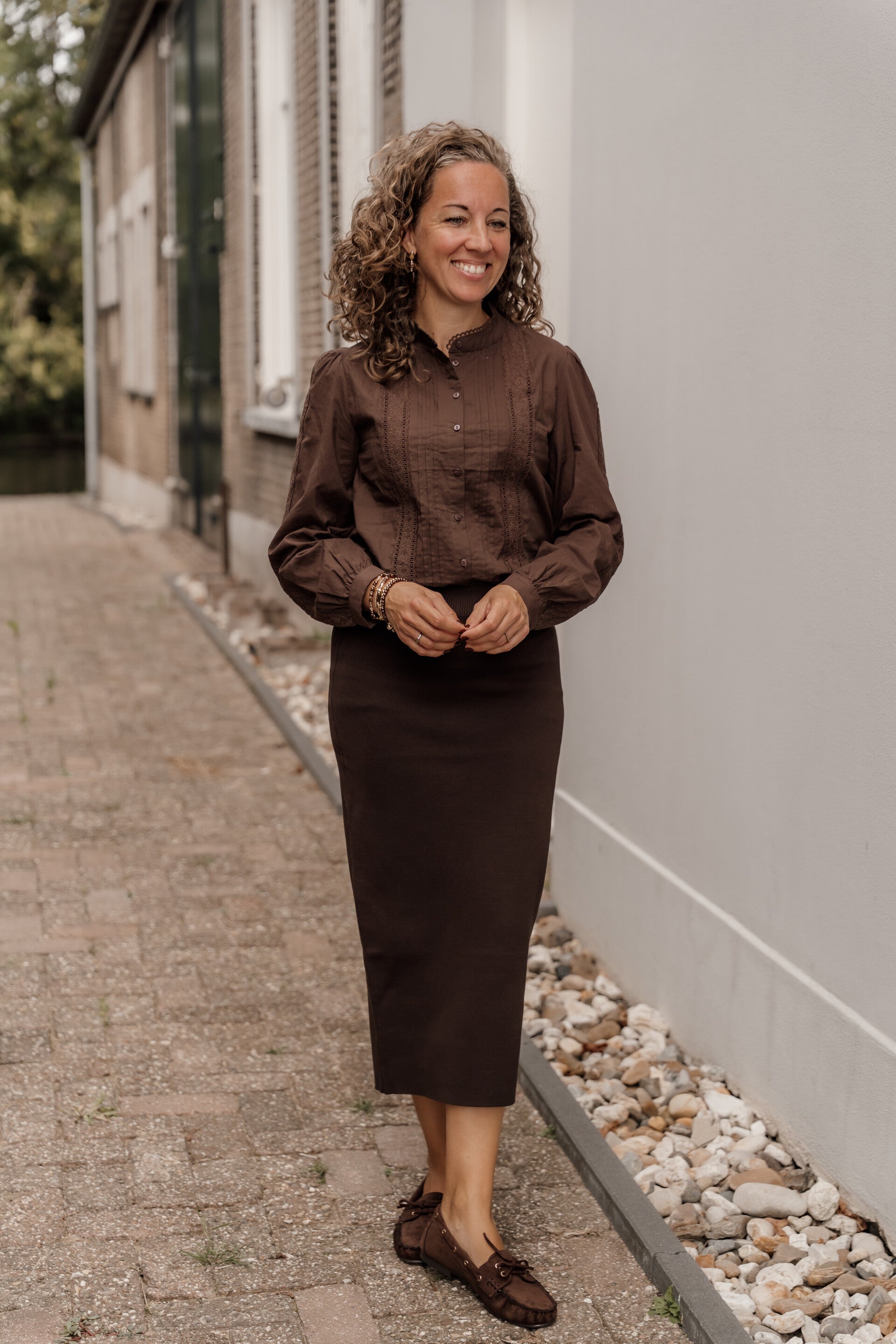 La Flor broderie blouse bruin