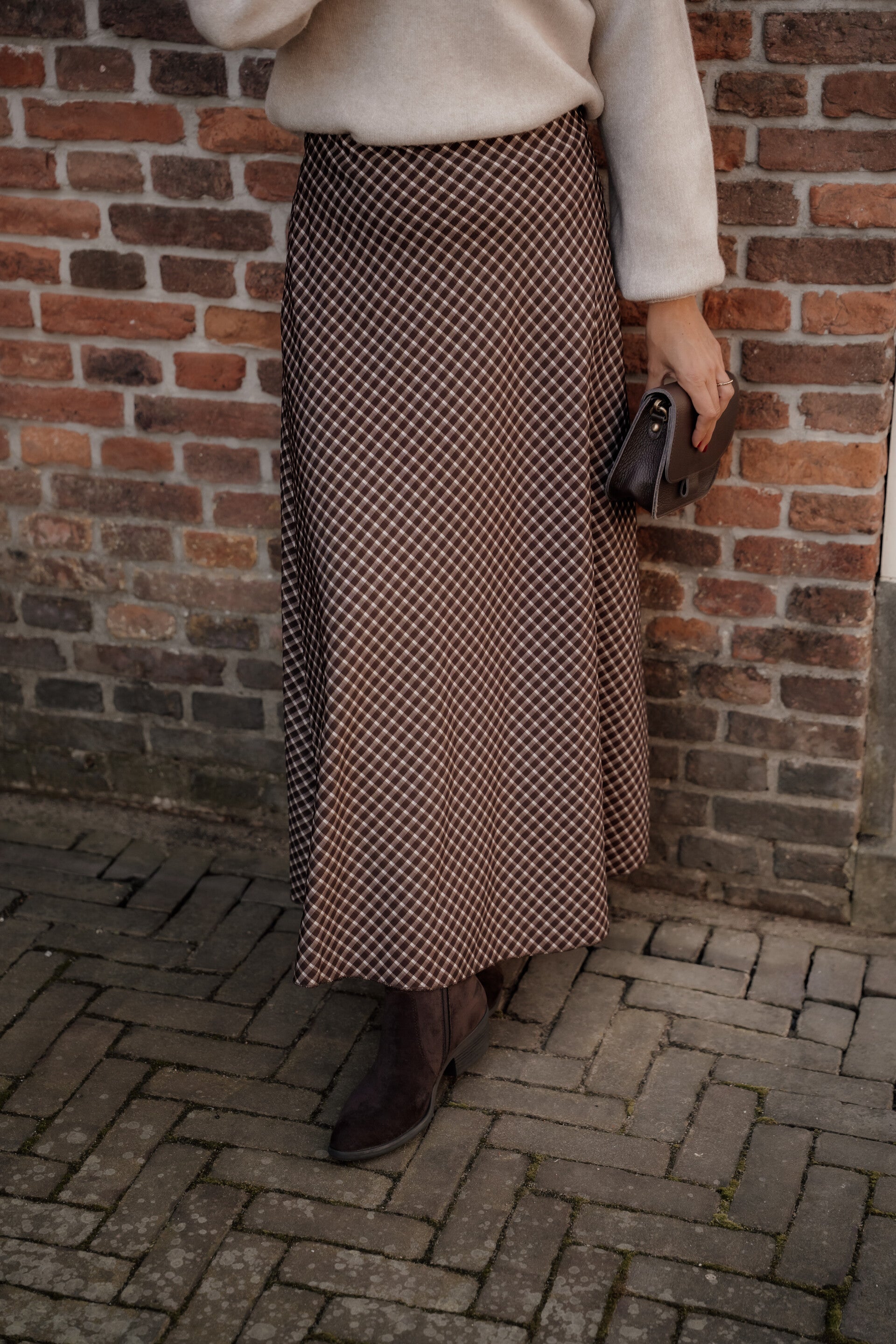 La Flor a-lijn rok ruit bruin-beige