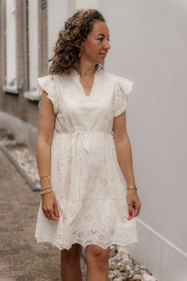La Flor broderie jurk off white