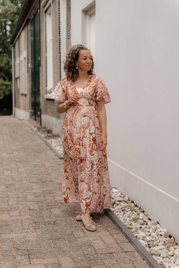 La Flor maxi jurk print roze-oranje