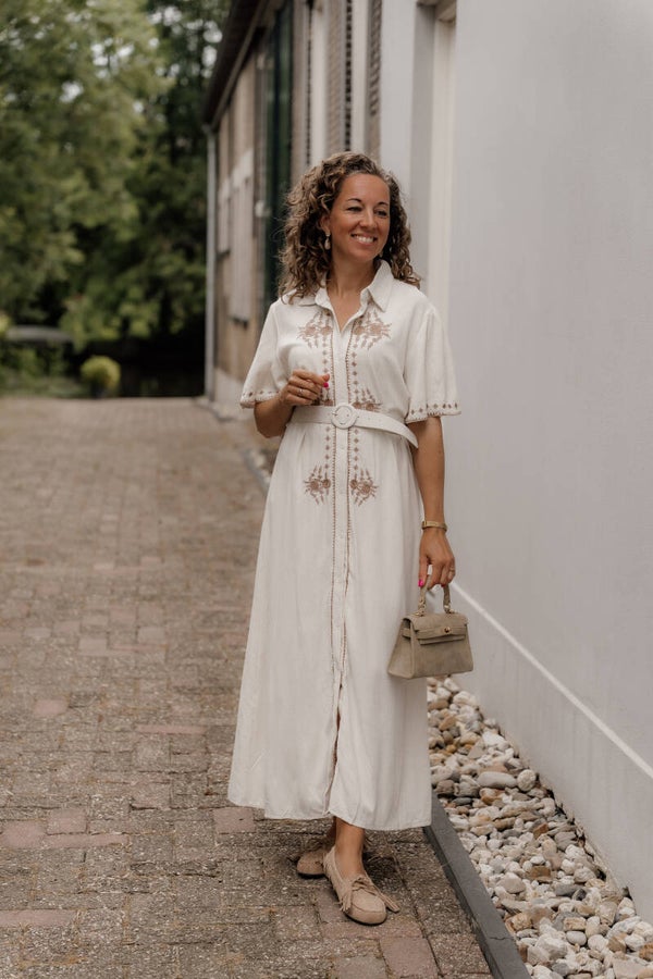 La Flor geborduurde maxi jurk - beige