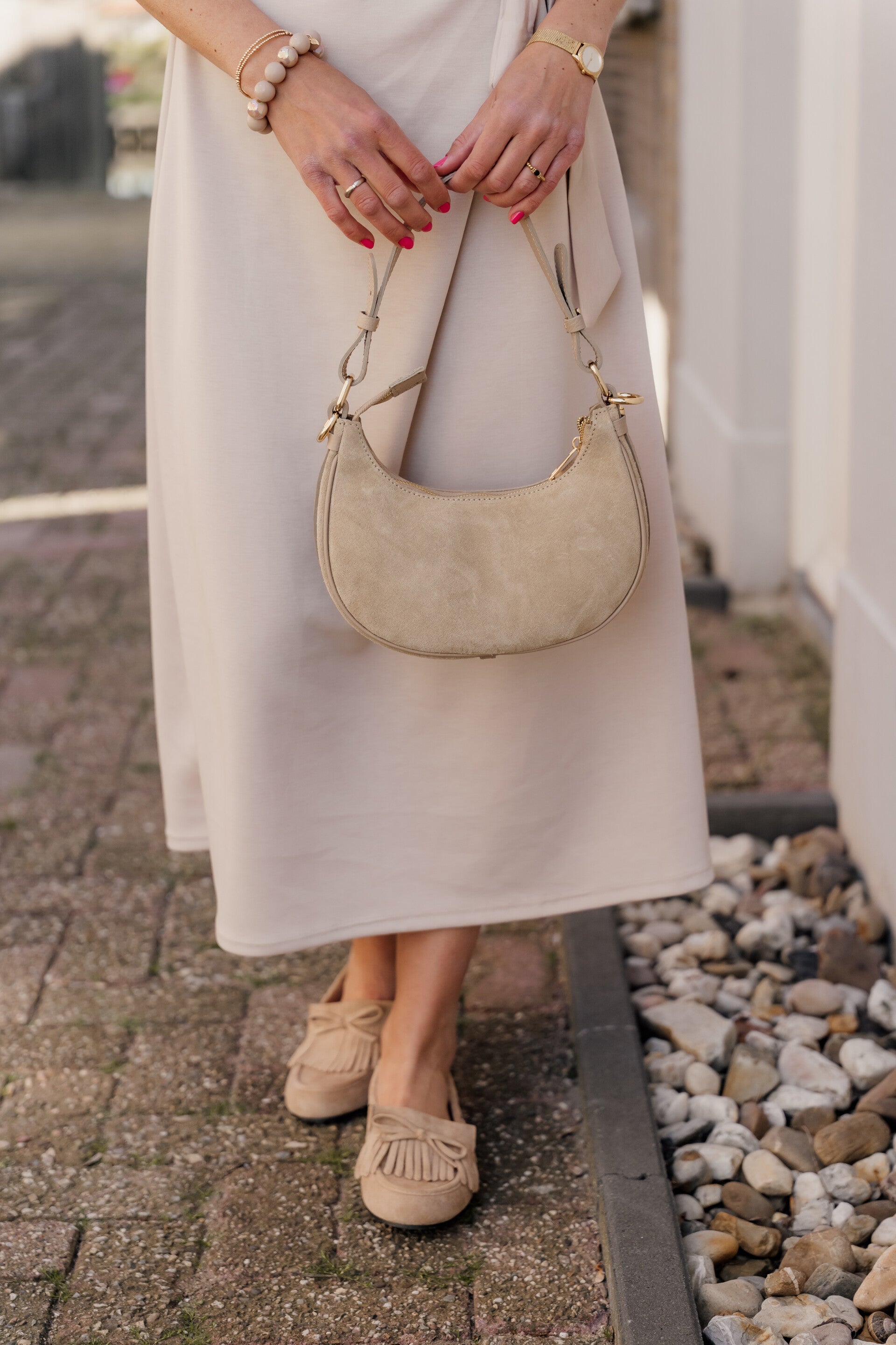 La Flor leren tas Gwyneth suède  - zand
