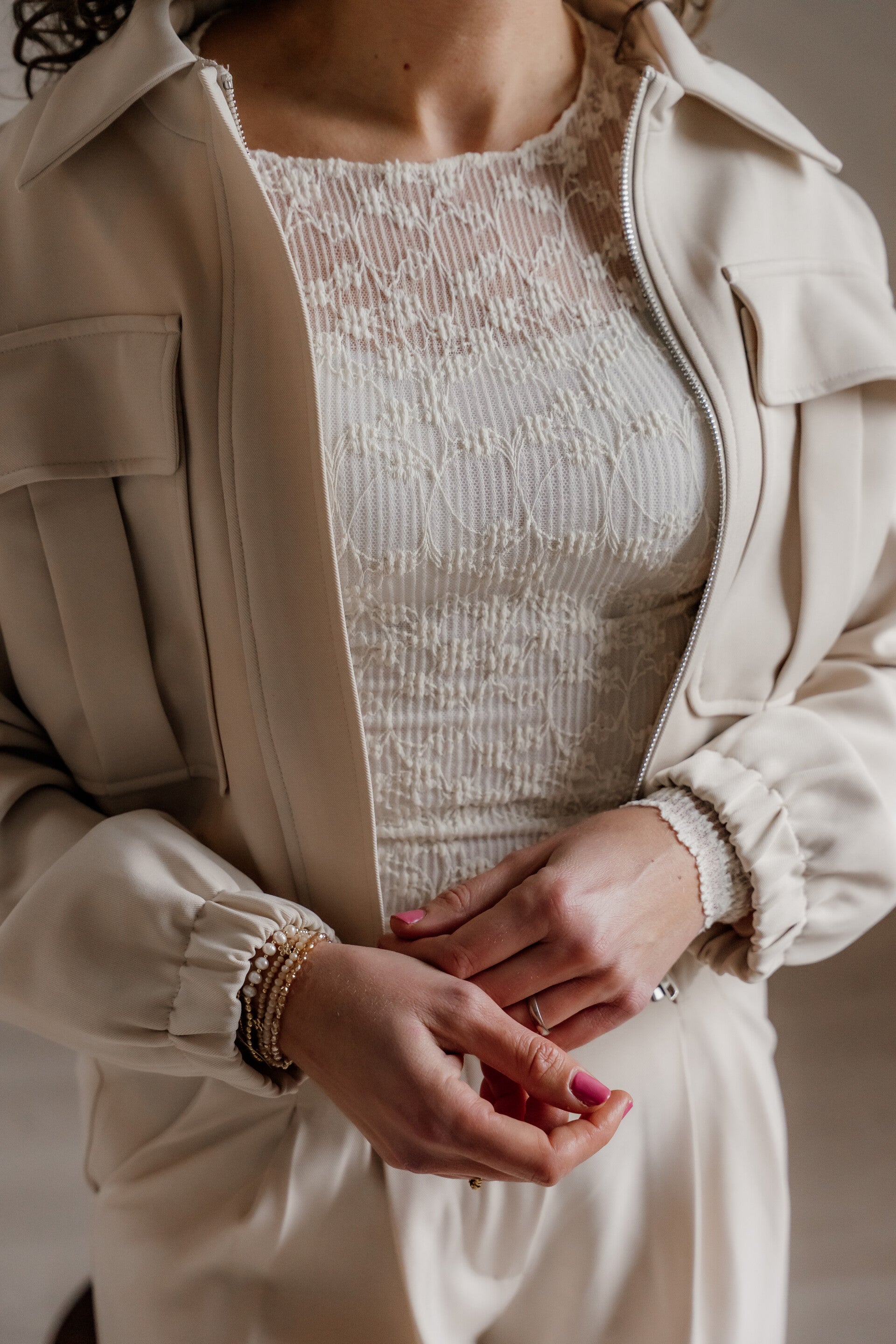 La Flor kanten top bloemenprint beige