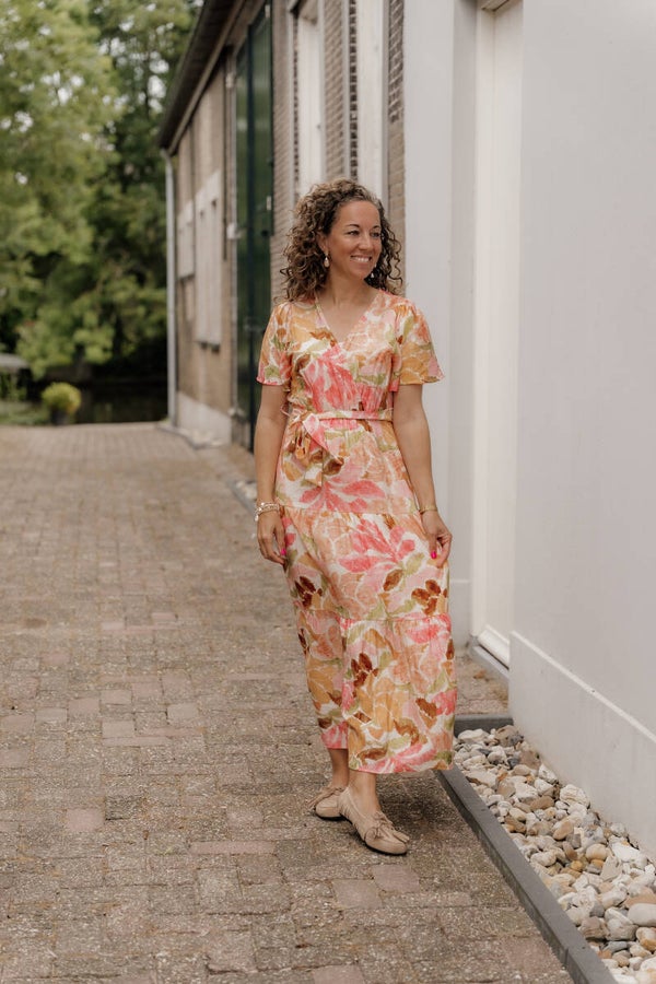 La Flor maxi jurk print roze-oranje-groen