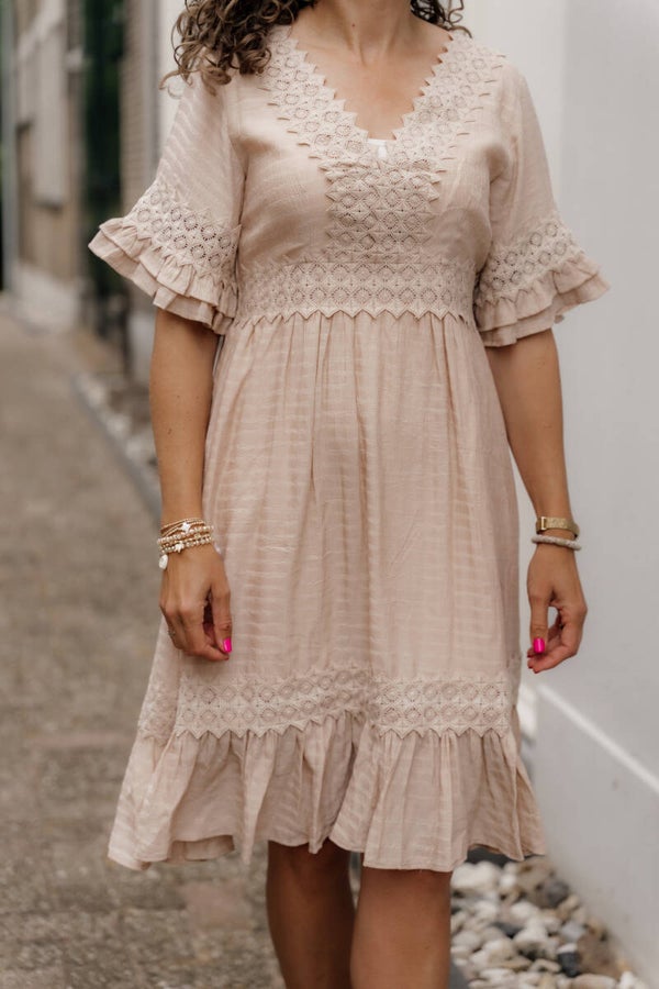 La Flor jurk broderie donker beige