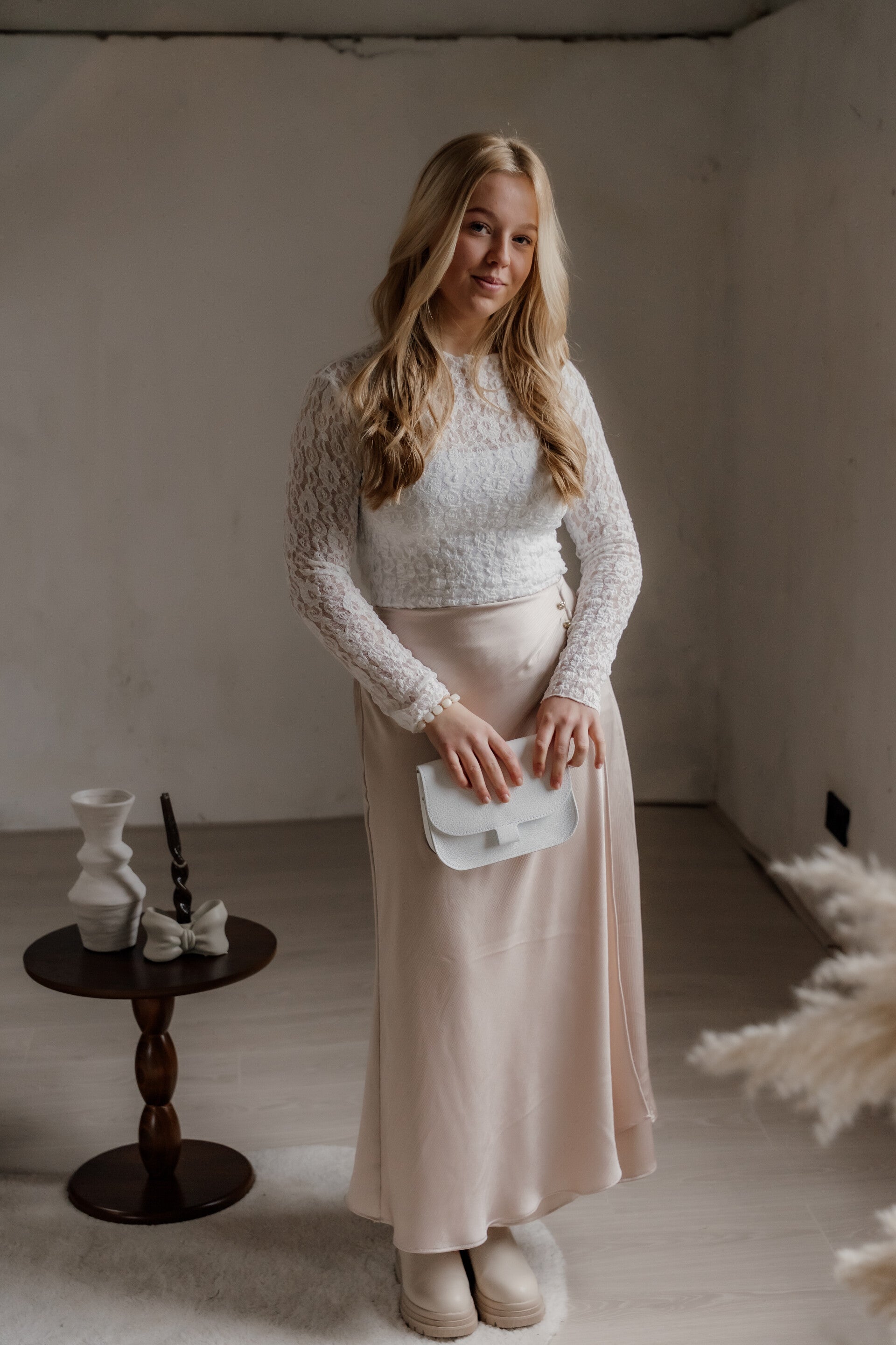 La Flor rok satijn knoopjes - beige