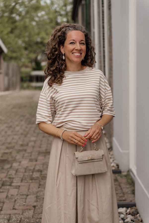 La Flor t-shirt streep beige-wit