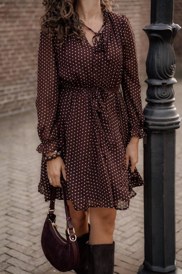 La Flor korte jurk ruffles polkadot bruin