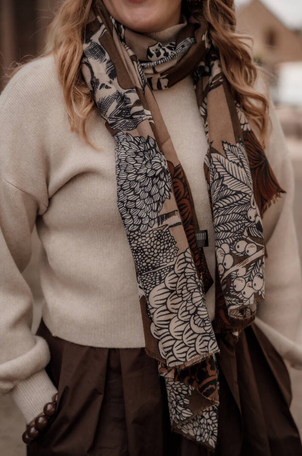 La Flor sjaal print bruin-beige-taupe