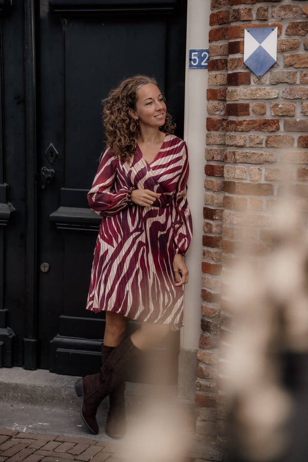 La Flor plissé jurk print beige-bordeaux
