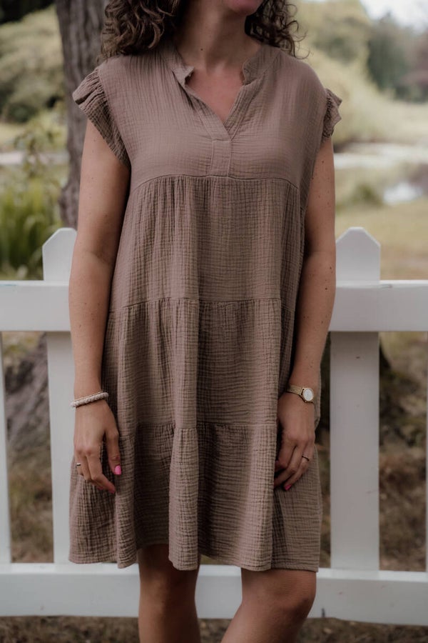 La Flor mousseline zomerjurk taupe