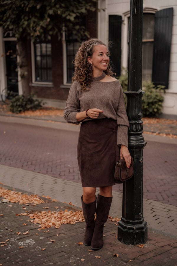 La Flor trui open schouder lange mouw - taupe