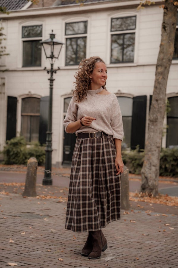 La Flor ruit rok met ceintuur bruin