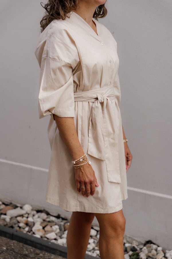 Azzurro katoenen jurk ceintuur beige