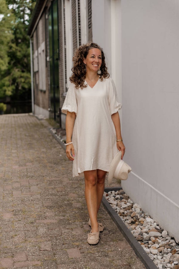 Azzurro jurk a-lijn pofmouw - beige