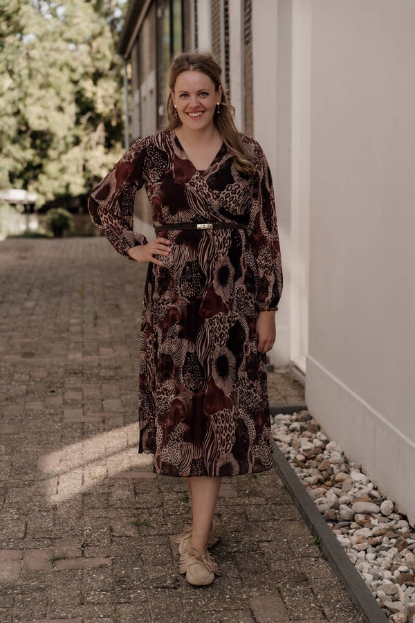 La Flor maxi plissé jurk print bruin
