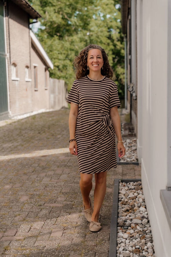 Azzurro streep jurk knoop beige-bruin