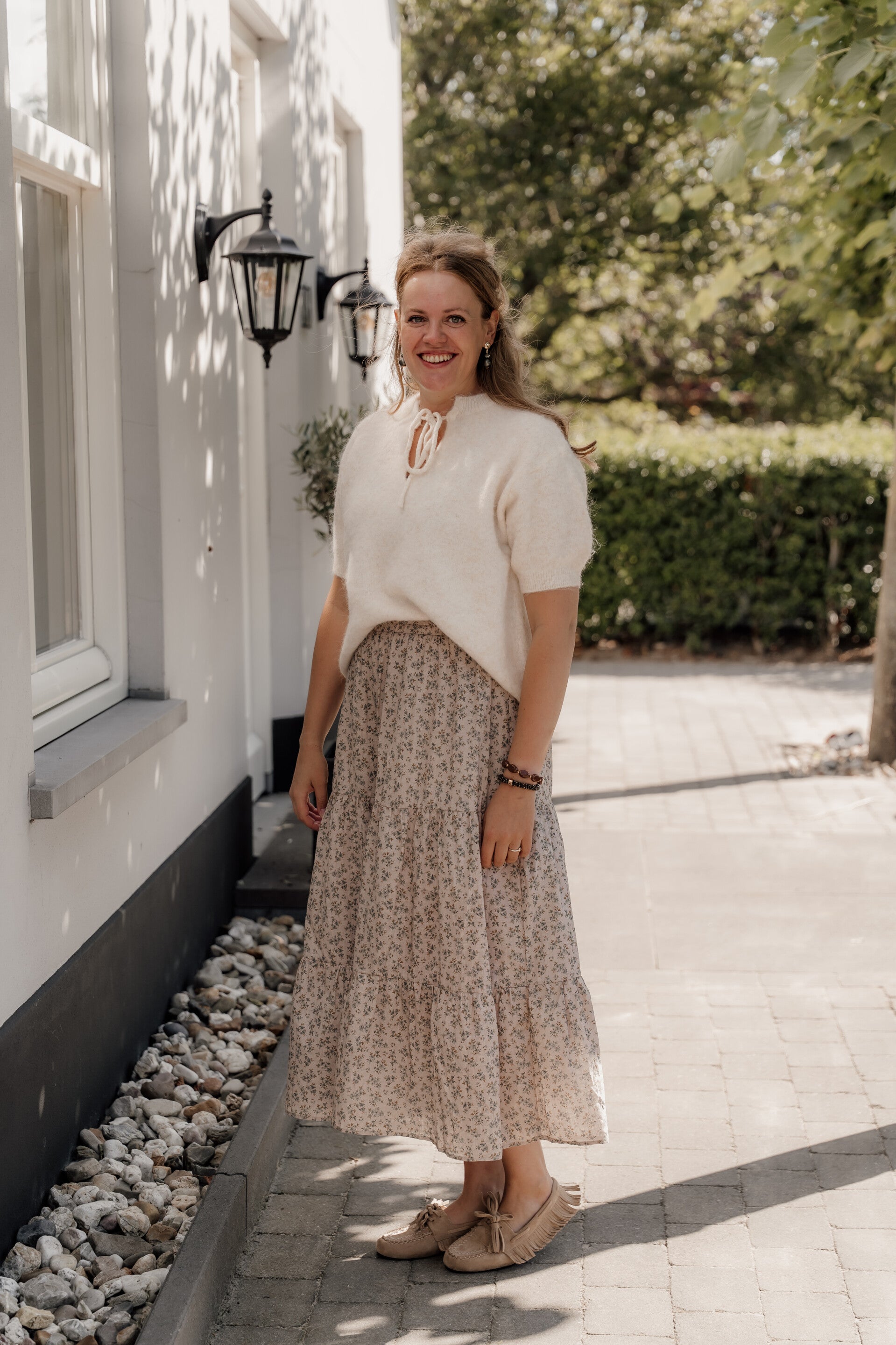 La Flor midi rok bloemenprint beige