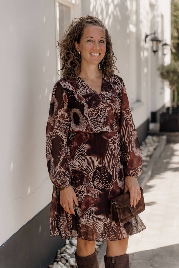 La Flor korte plissé jurk print bruin