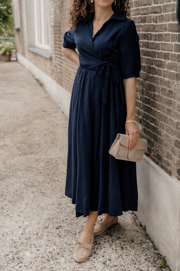 La Flor overslag maxi jurk donkerblauw