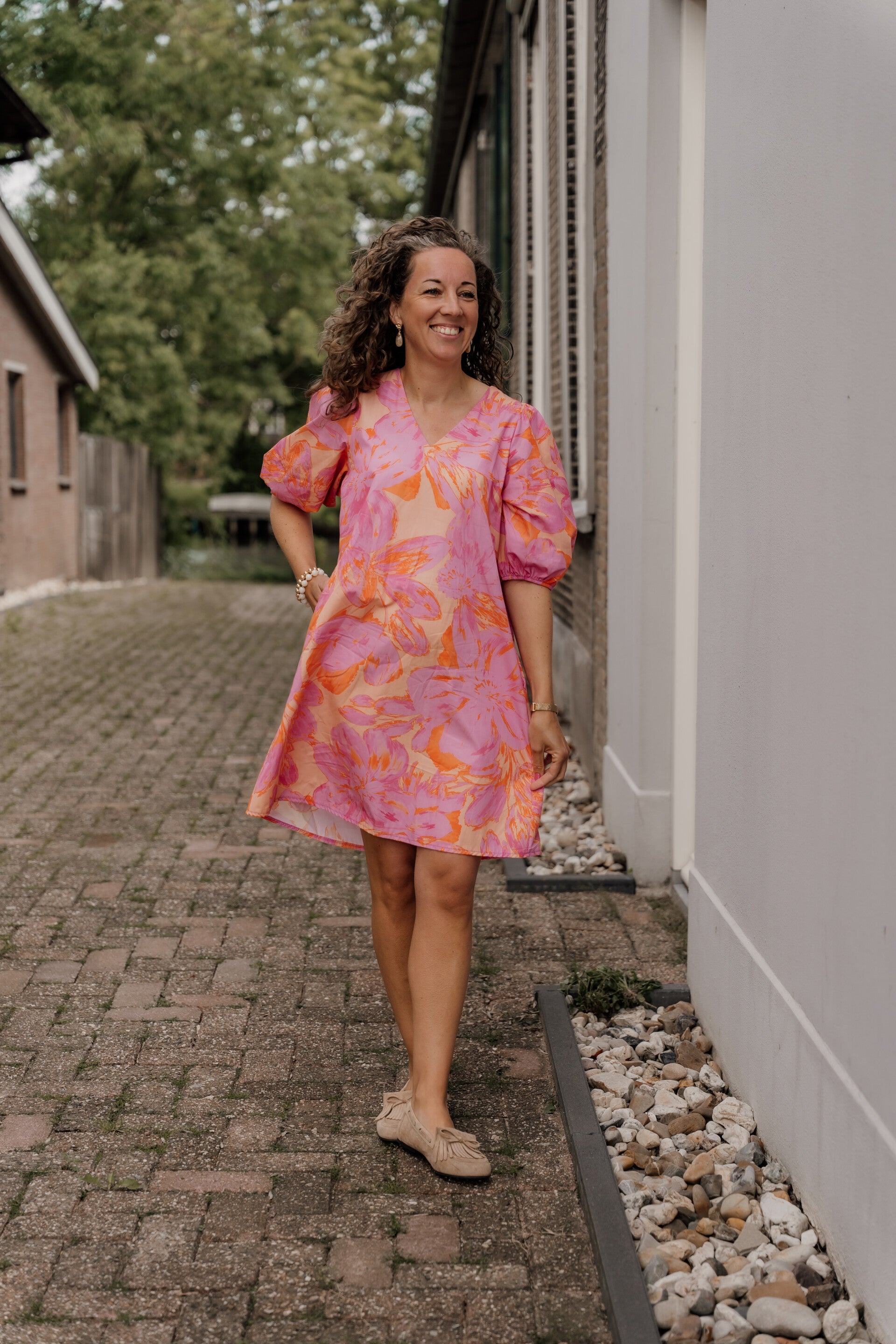 Azzurro jurk bloemenprint roze-oranje