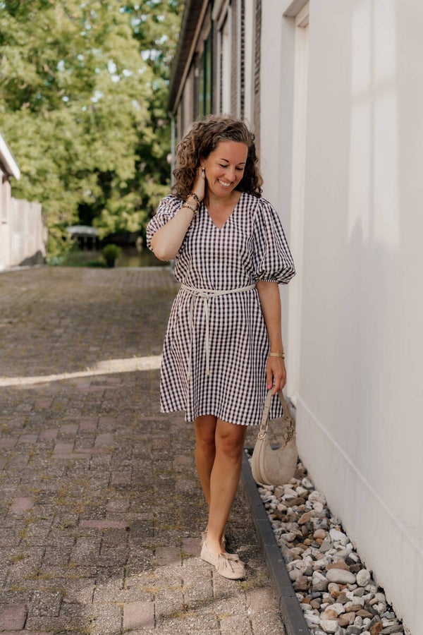 Azzurro jurk pofmouw ruit bruin-wit