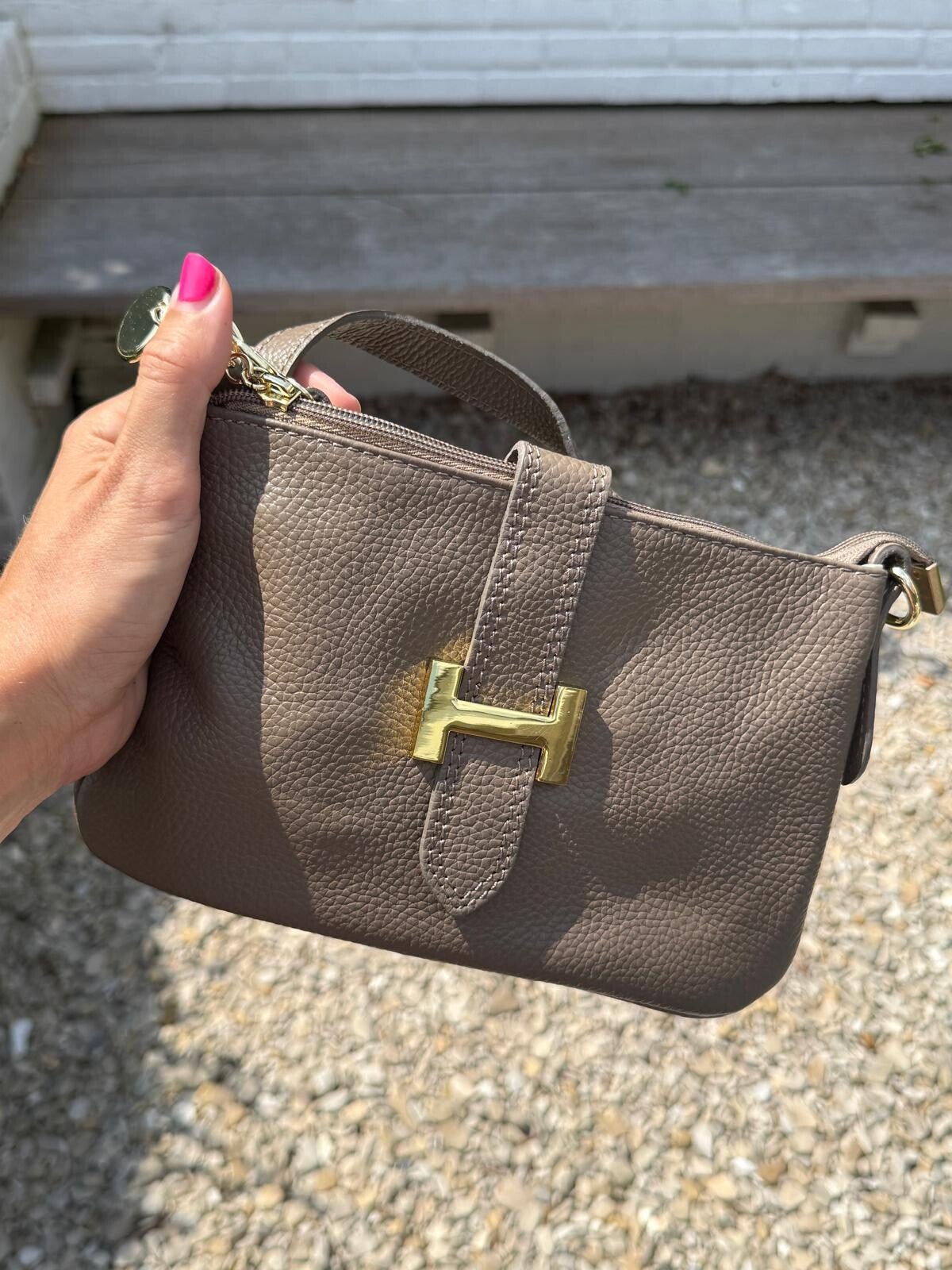 Sale handtas leer taupe