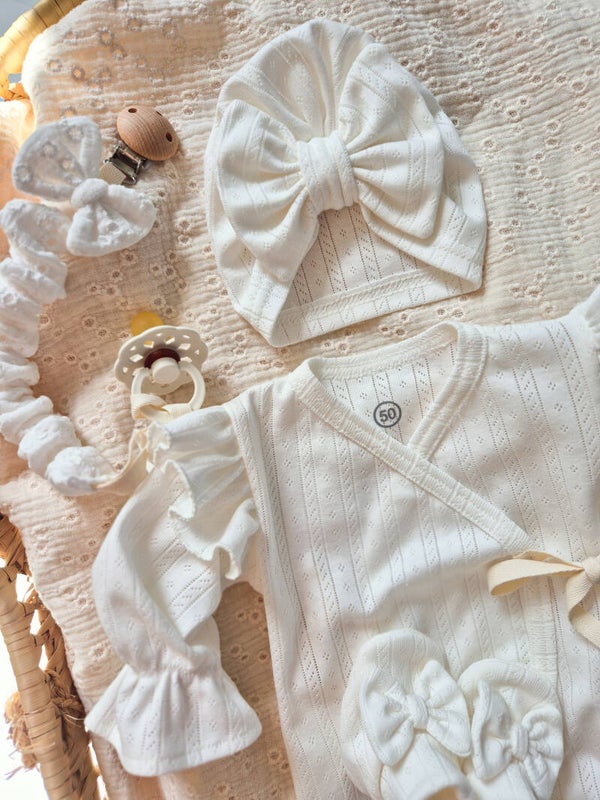 Turbanmutsje ajour pointelle strepen MET STRIK off white.