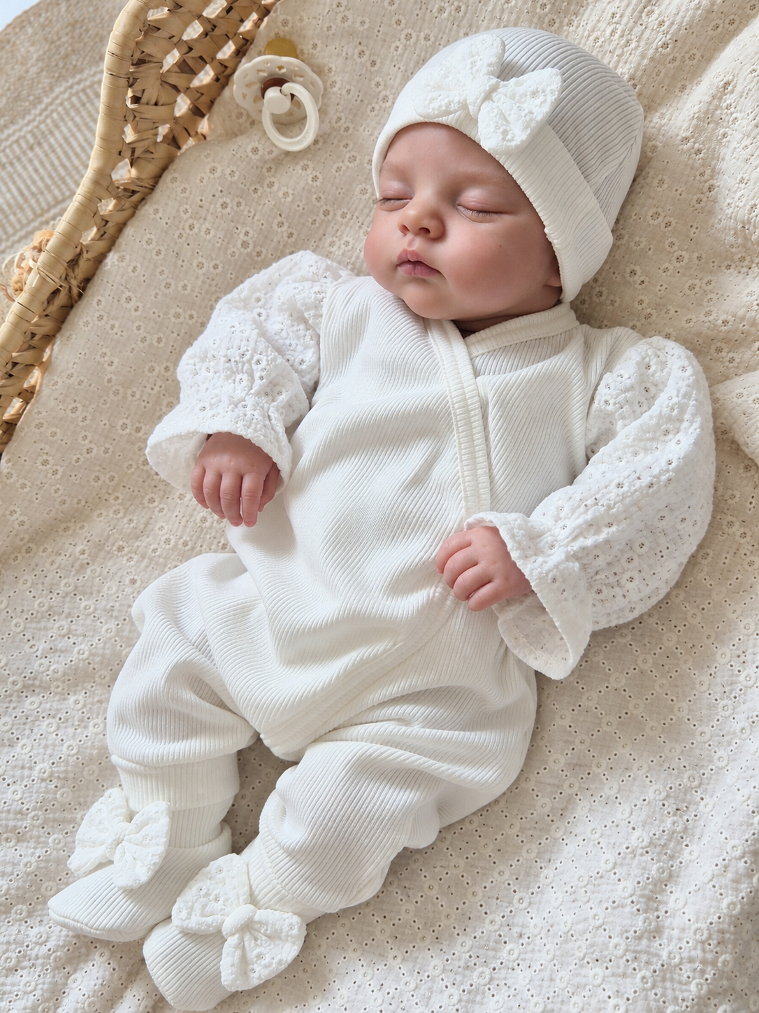 Boxpakje met broderie pofmouwen gerib off white.
