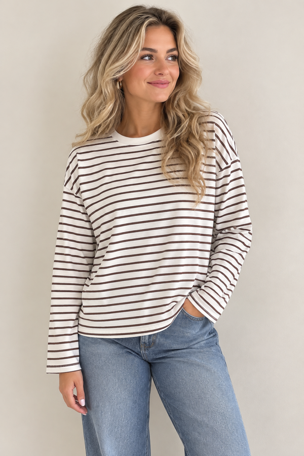 Gestreepte longsleeve – Wit/Chocoladebruin